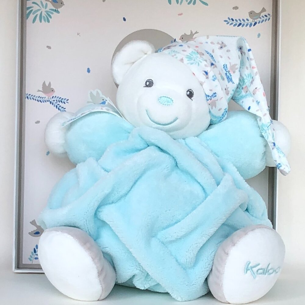 NIB Kaloo New Aqua Blue Bear w/Hat - Medium Soft Plush Animal w/Gift Box